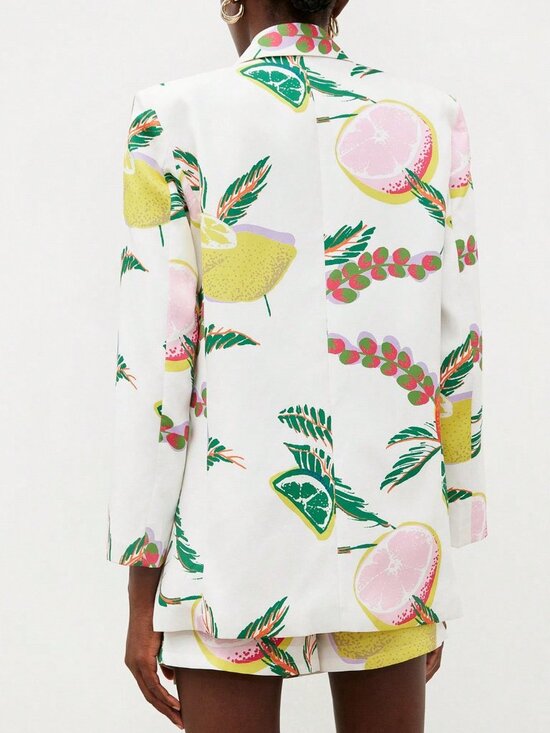 Multicolor Casual Women's Tropical Fruit Print Oversized Suit Jacket & Skort Set - Picture 2 of 7